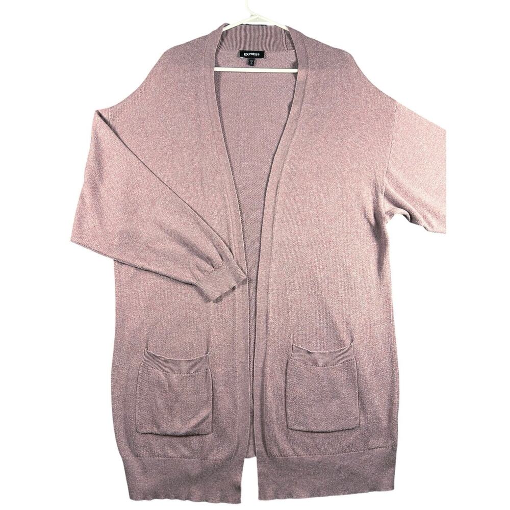 Express Medium Dusty Rose Mauve Long Open Front Cardigan Sweater Pockets